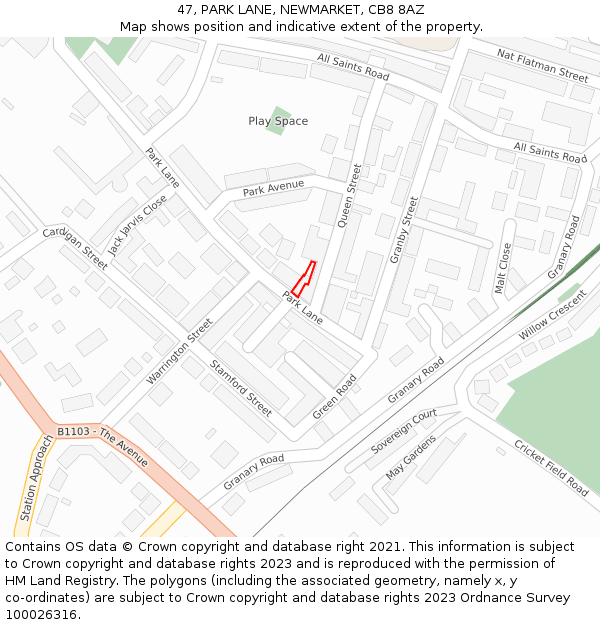 47, PARK LANE, NEWMARKET, CB8 8AZ: Location map and indicative extent of plot