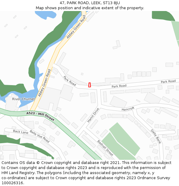47, PARK ROAD, LEEK, ST13 8JU: Location map and indicative extent of plot