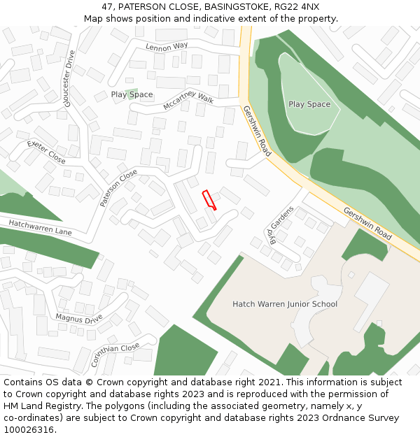 47, PATERSON CLOSE, BASINGSTOKE, RG22 4NX: Location map and indicative extent of plot