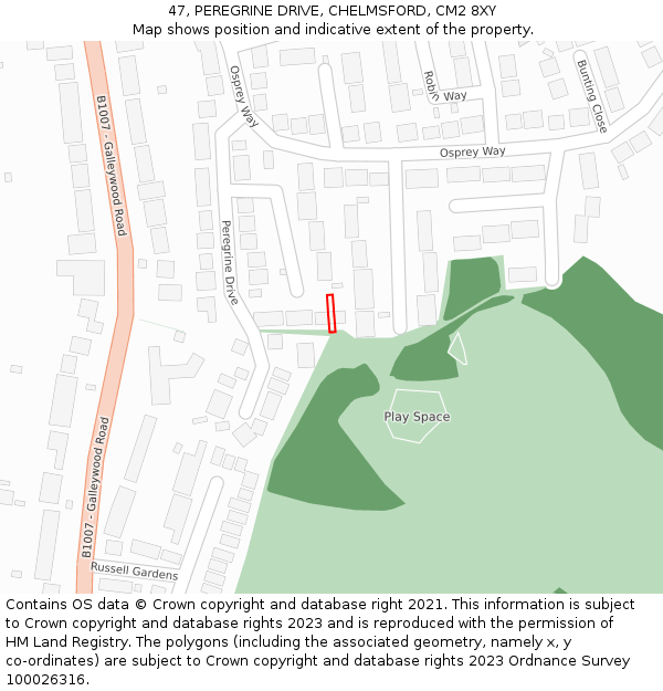 47, PEREGRINE DRIVE, CHELMSFORD, CM2 8XY: Location map and indicative extent of plot