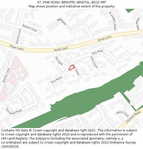 47, PINE ROAD, BRENTRY, BRISTOL, BS10 6RT: Location map and indicative extent of plot