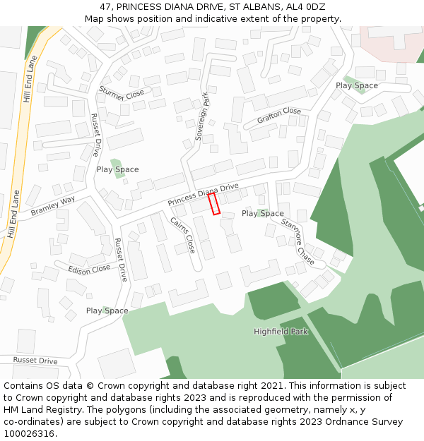 47, PRINCESS DIANA DRIVE, ST ALBANS, AL4 0DZ: Location map and indicative extent of plot