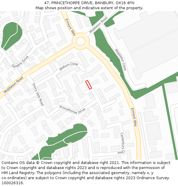 47, PRINCETHORPE DRIVE, BANBURY, OX16 4FN: Location map and indicative extent of plot