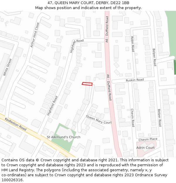 47, QUEEN MARY COURT, DERBY, DE22 1BB: Location map and indicative extent of plot