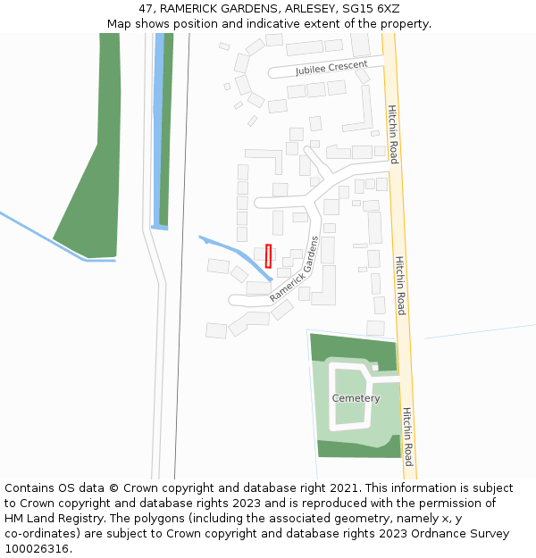 47, RAMERICK GARDENS, ARLESEY, SG15 6XZ: Location map and indicative extent of plot