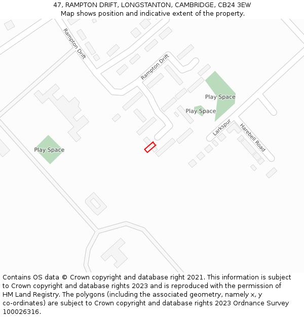 47, RAMPTON DRIFT, LONGSTANTON, CAMBRIDGE, CB24 3EW: Location map and indicative extent of plot