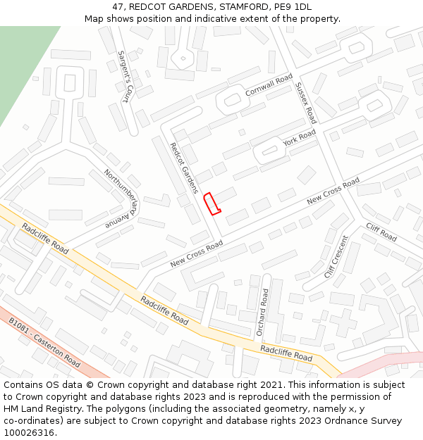47, REDCOT GARDENS, STAMFORD, PE9 1DL: Location map and indicative extent of plot