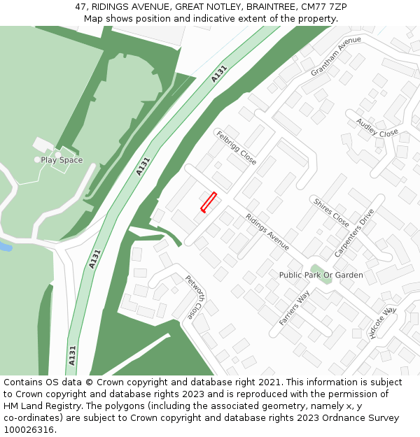 47, RIDINGS AVENUE, GREAT NOTLEY, BRAINTREE, CM77 7ZP: Location map and indicative extent of plot