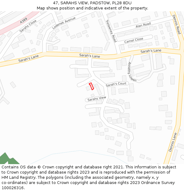 47, SARAHS VIEW, PADSTOW, PL28 8DU: Location map and indicative extent of plot
