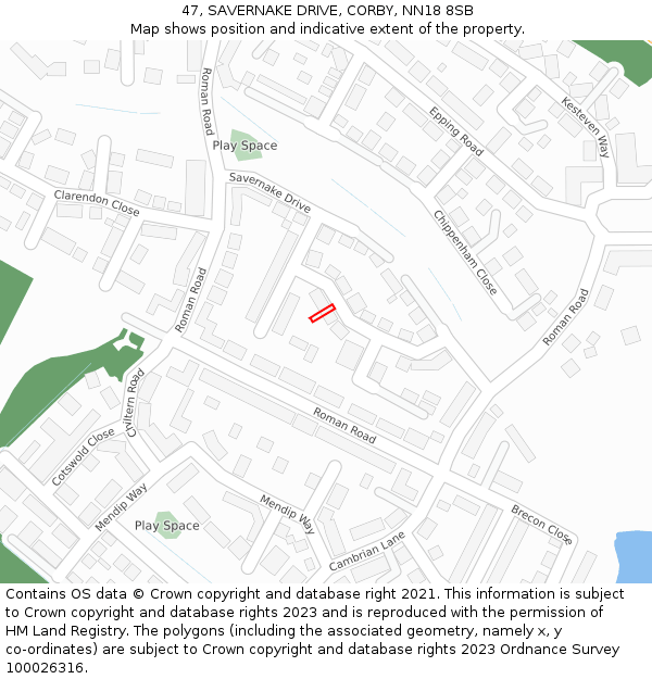 47, SAVERNAKE DRIVE, CORBY, NN18 8SB: Location map and indicative extent of plot
