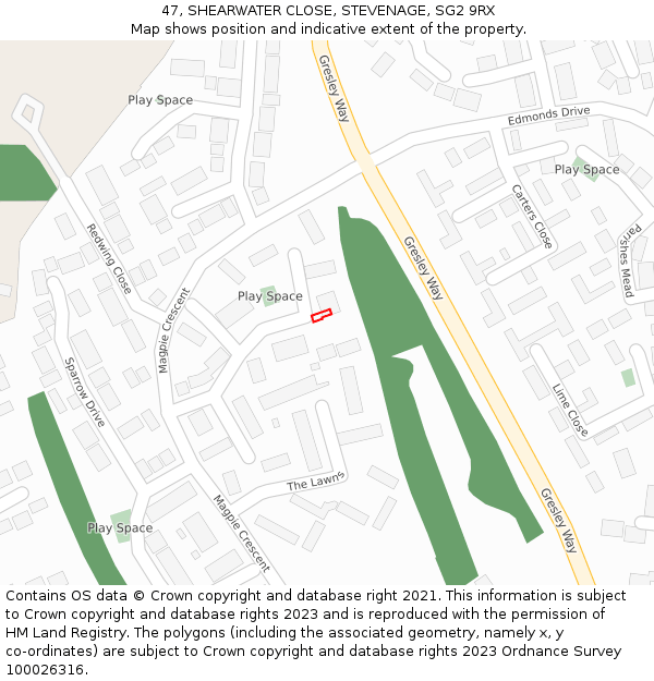 47, SHEARWATER CLOSE, STEVENAGE, SG2 9RX: Location map and indicative extent of plot