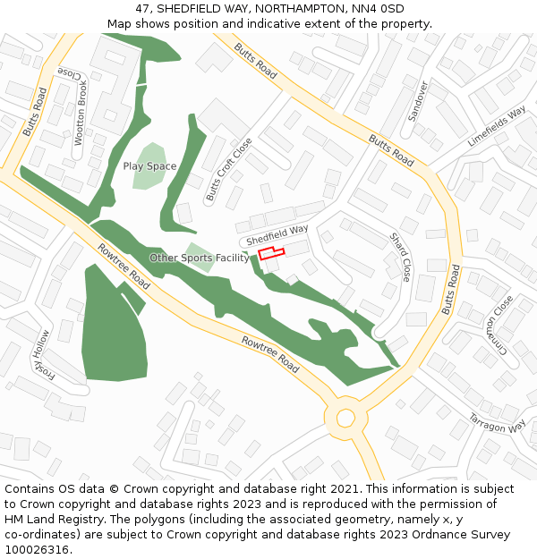 47, SHEDFIELD WAY, NORTHAMPTON, NN4 0SD: Location map and indicative extent of plot
