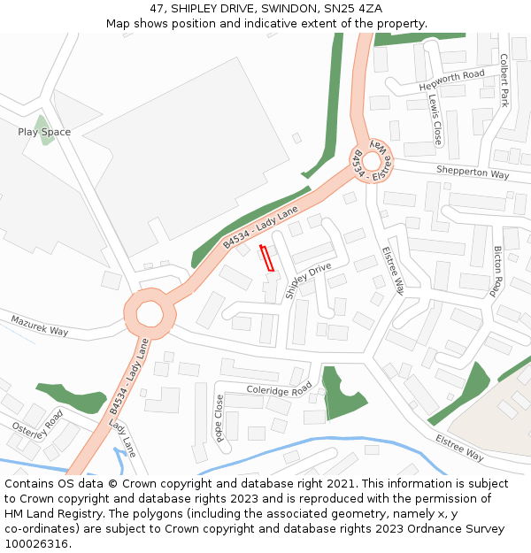 47, SHIPLEY DRIVE, SWINDON, SN25 4ZA: Location map and indicative extent of plot