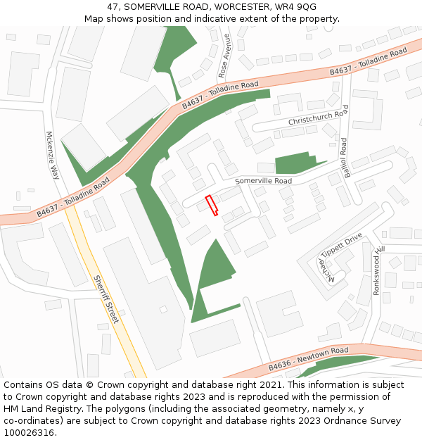 47, SOMERVILLE ROAD, WORCESTER, WR4 9QG: Location map and indicative extent of plot