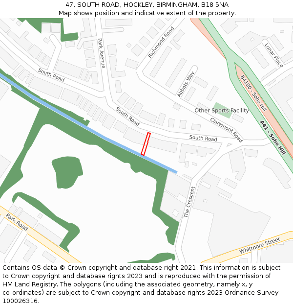 47, SOUTH ROAD, HOCKLEY, BIRMINGHAM, B18 5NA: Location map and indicative extent of plot