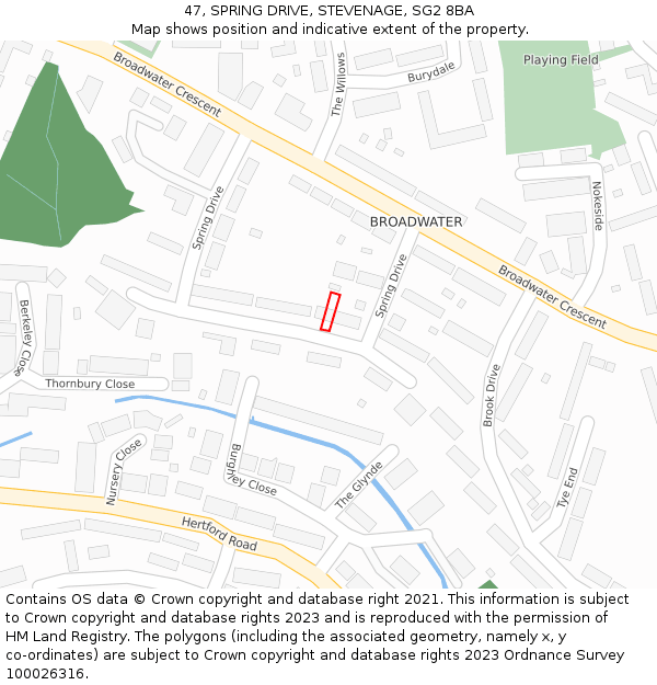 47, SPRING DRIVE, STEVENAGE, SG2 8BA: Location map and indicative extent of plot