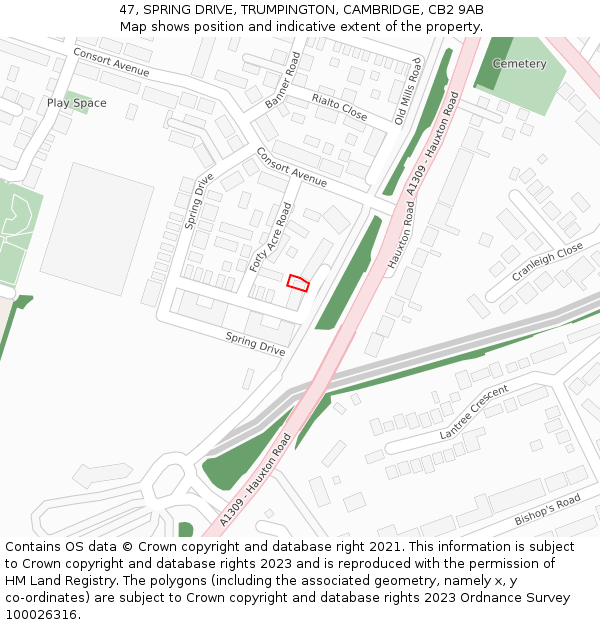 47, SPRING DRIVE, TRUMPINGTON, CAMBRIDGE, CB2 9AB: Location map and indicative extent of plot