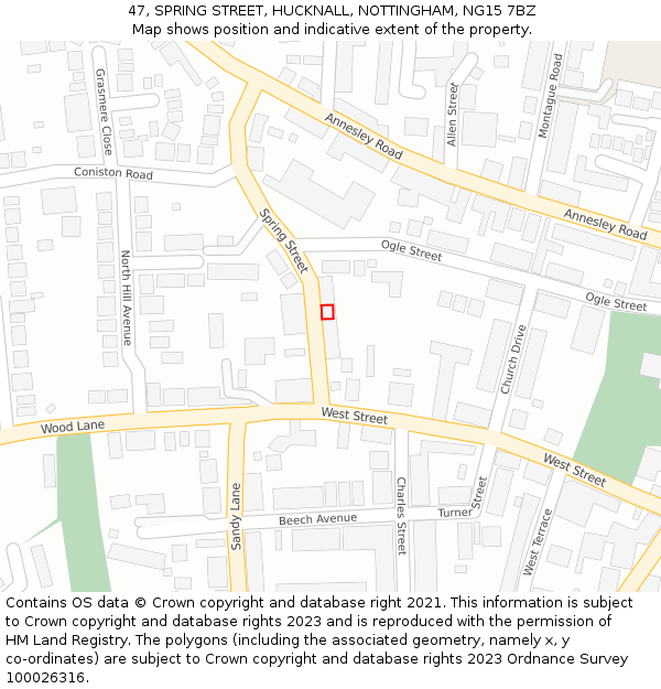 47, SPRING STREET, HUCKNALL, NOTTINGHAM, NG15 7BZ: Location map and indicative extent of plot
