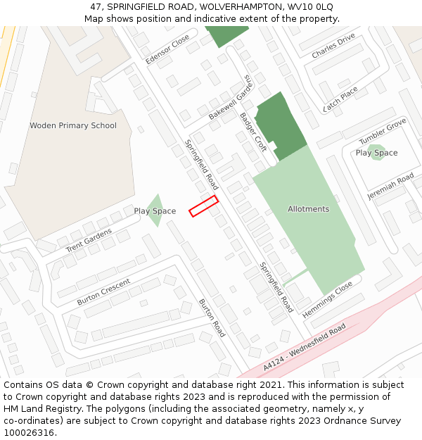 47, SPRINGFIELD ROAD, WOLVERHAMPTON, WV10 0LQ: Location map and indicative extent of plot