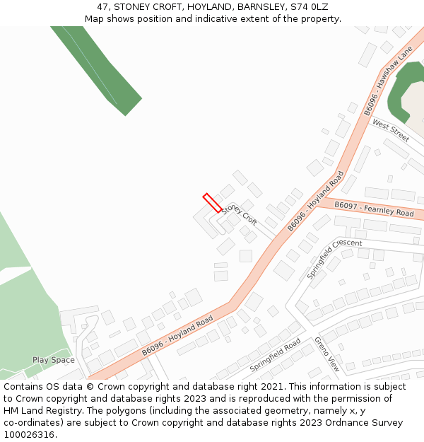 47, STONEY CROFT, HOYLAND, BARNSLEY, S74 0LZ: Location map and indicative extent of plot