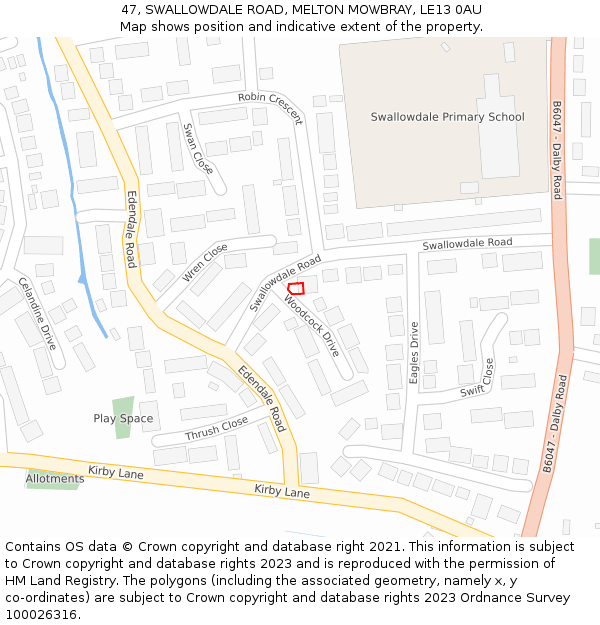 47, SWALLOWDALE ROAD, MELTON MOWBRAY, LE13 0AU: Location map and indicative extent of plot