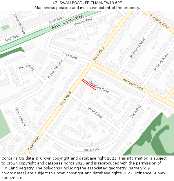 47, SWAN ROAD, FELTHAM, TW13 6PE: Location map and indicative extent of plot