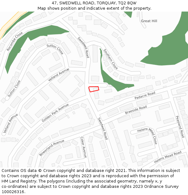 47, SWEDWELL ROAD, TORQUAY, TQ2 8QW: Location map and indicative extent of plot