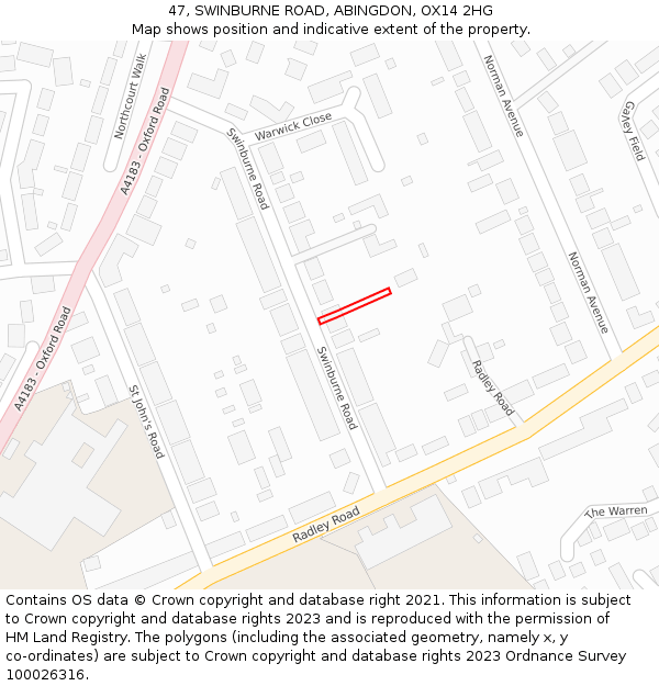 47, SWINBURNE ROAD, ABINGDON, OX14 2HG: Location map and indicative extent of plot