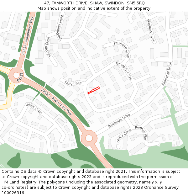 47, TAMWORTH DRIVE, SHAW, SWINDON, SN5 5RQ: Location map and indicative extent of plot
