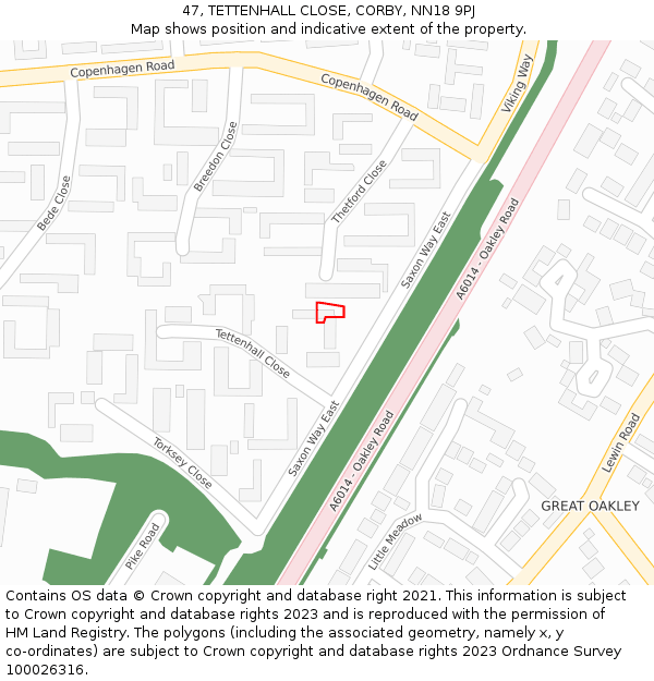 47, TETTENHALL CLOSE, CORBY, NN18 9PJ: Location map and indicative extent of plot