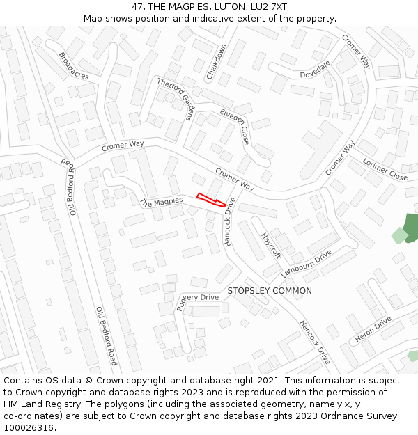 47, THE MAGPIES, LUTON, LU2 7XT: Location map and indicative extent of plot