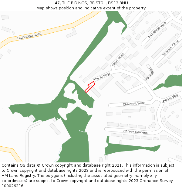 47, THE RIDINGS, BRISTOL, BS13 8NU: Location map and indicative extent of plot