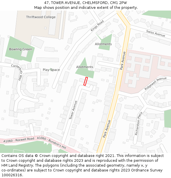 47, TOWER AVENUE, CHELMSFORD, CM1 2PW: Location map and indicative extent of plot