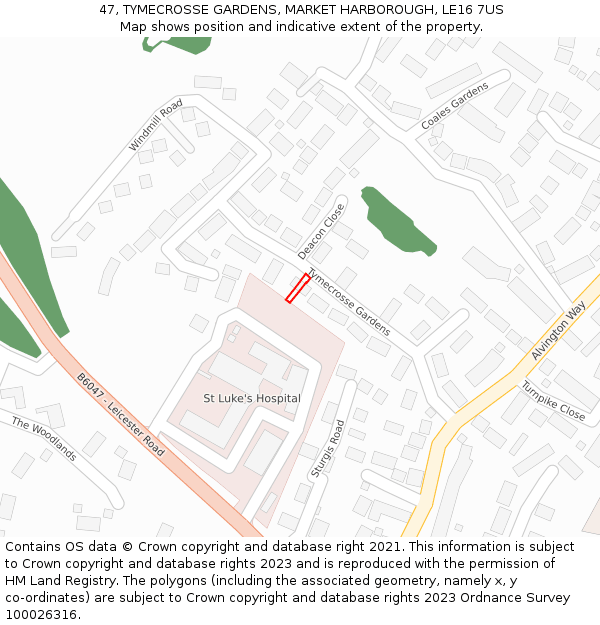 47, TYMECROSSE GARDENS, MARKET HARBOROUGH, LE16 7US: Location map and indicative extent of plot