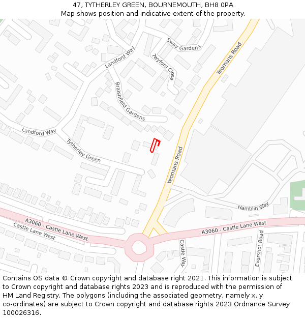 47, TYTHERLEY GREEN, BOURNEMOUTH, BH8 0PA: Location map and indicative extent of plot