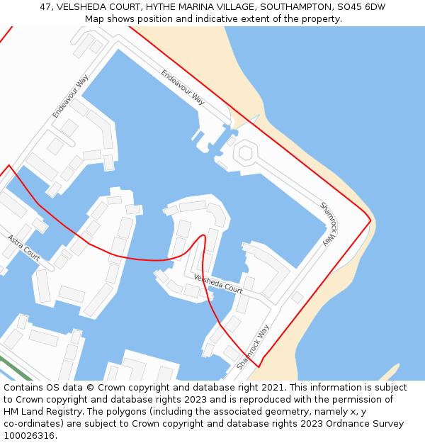47, VELSHEDA COURT, HYTHE MARINA VILLAGE, SOUTHAMPTON, SO45 6DW: Location map and indicative extent of plot
