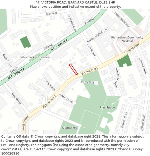 47, VICTORIA ROAD, BARNARD CASTLE, DL12 8HR: Location map and indicative extent of plot