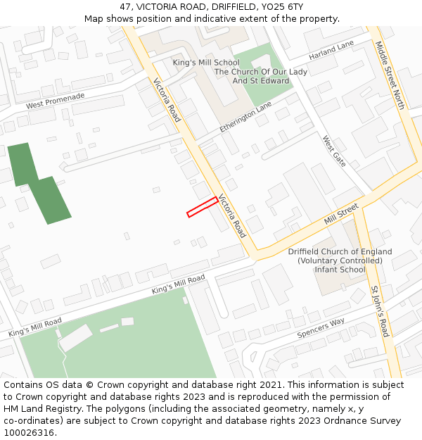 47, VICTORIA ROAD, DRIFFIELD, YO25 6TY: Location map and indicative extent of plot
