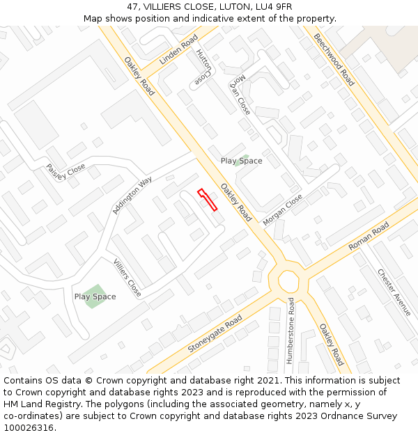 47, VILLIERS CLOSE, LUTON, LU4 9FR: Location map and indicative extent of plot