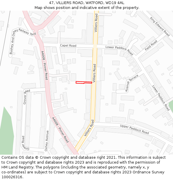 47, VILLIERS ROAD, WATFORD, WD19 4AL: Location map and indicative extent of plot