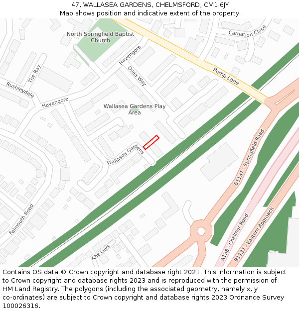 47, WALLASEA GARDENS, CHELMSFORD, CM1 6JY: Location map and indicative extent of plot