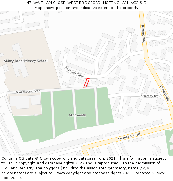 47, WALTHAM CLOSE, WEST BRIDGFORD, NOTTINGHAM, NG2 6LD: Location map and indicative extent of plot