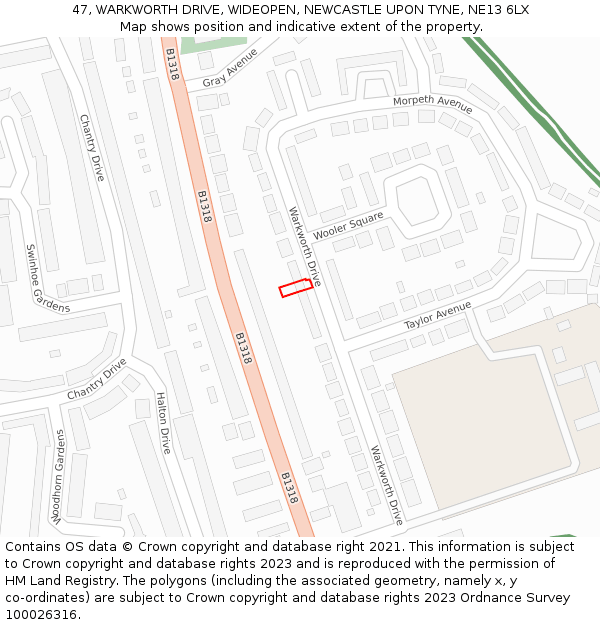 47, WARKWORTH DRIVE, WIDEOPEN, NEWCASTLE UPON TYNE, NE13 6LX: Location map and indicative extent of plot