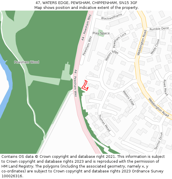47, WATERS EDGE, PEWSHAM, CHIPPENHAM, SN15 3GF: Location map and indicative extent of plot