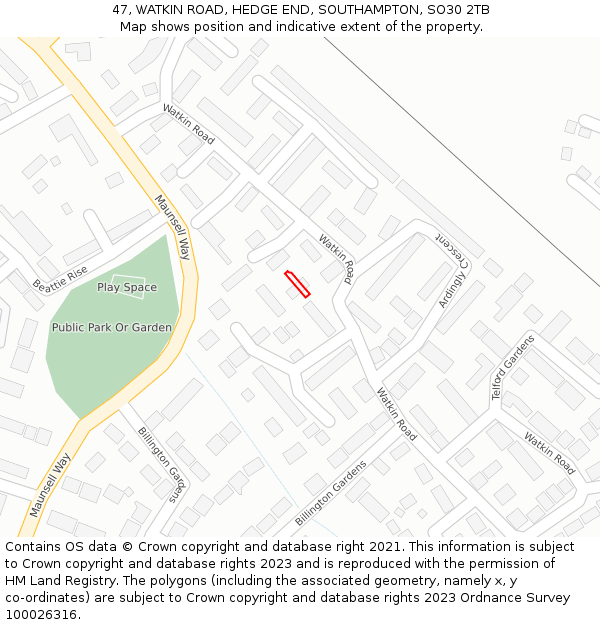 47, WATKIN ROAD, HEDGE END, SOUTHAMPTON, SO30 2TB: Location map and indicative extent of plot