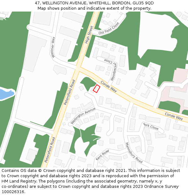 47, WELLINGTON AVENUE, WHITEHILL, BORDON, GU35 9QD: Location map and indicative extent of plot