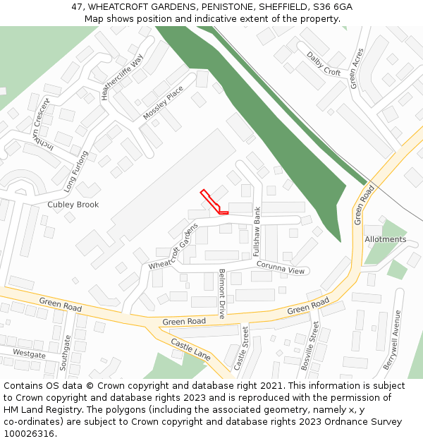 47, WHEATCROFT GARDENS, PENISTONE, SHEFFIELD, S36 6GA: Location map and indicative extent of plot