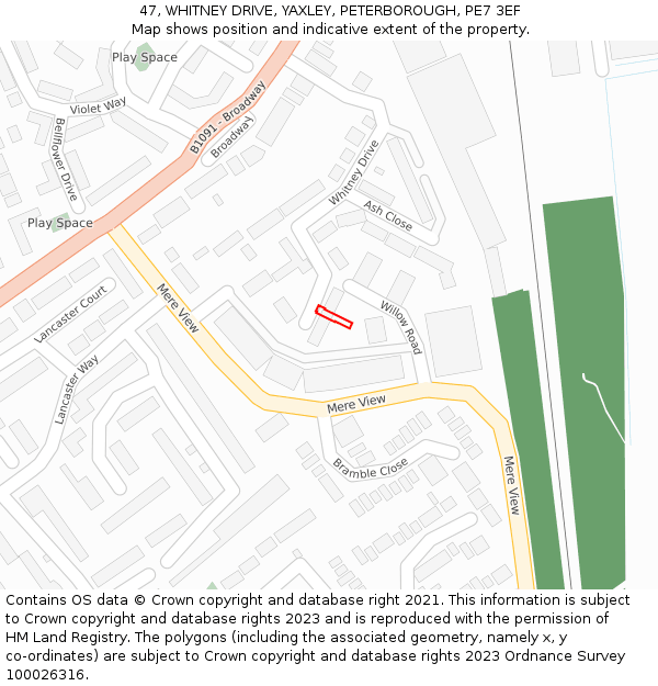 47, WHITNEY DRIVE, YAXLEY, PETERBOROUGH, PE7 3EF: Location map and indicative extent of plot