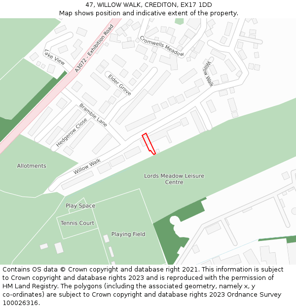 47, WILLOW WALK, CREDITON, EX17 1DD: Location map and indicative extent of plot