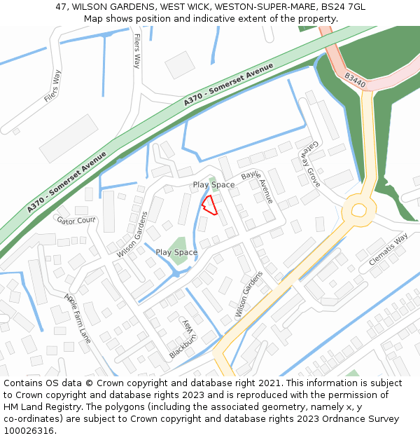 47, WILSON GARDENS, WEST WICK, WESTON-SUPER-MARE, BS24 7GL: Location map and indicative extent of plot